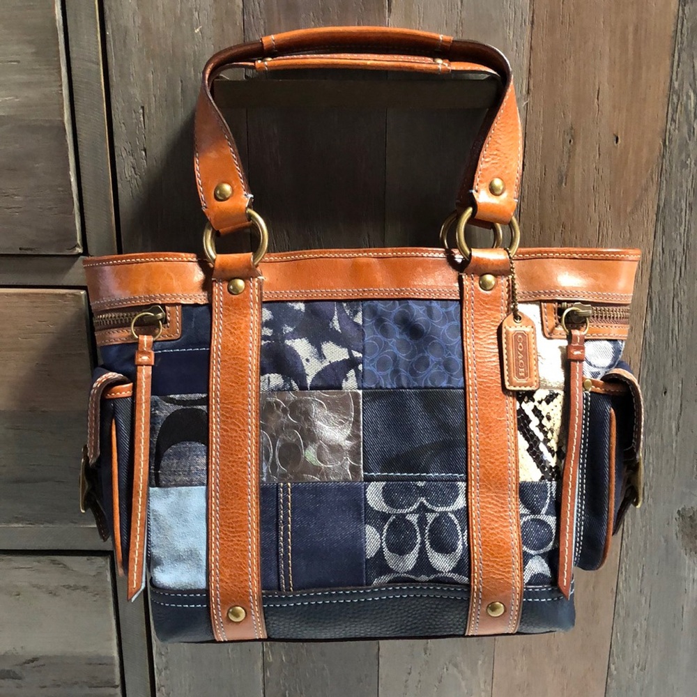Authentic Coach denim patchwork tote handbag